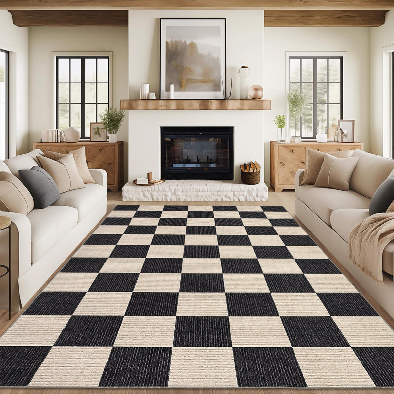 Tapis lavable à damier avec envers antidérapant, Noir, 9 x 12 pi