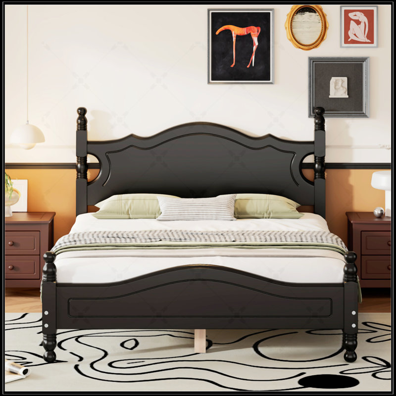 Lit plateforme de style rétro avec support en lattes de bois, Noir, Lit double