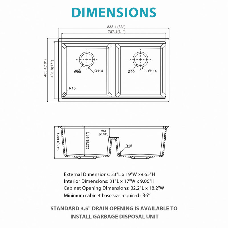 Quartz Kitchen Sink, 33" X 19" X 9.65" Granite Composite Double Bowl (50/50) Workstation Undermount Kitchen Sink, Gold