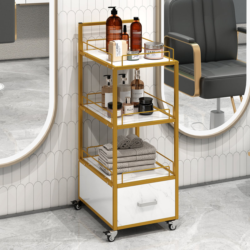 Chariot de rangement pour salon de beauté, avec roulettes verrouillables, panneau marbré à structure métallique, meubles de salon de barbier à tiroir, blanc