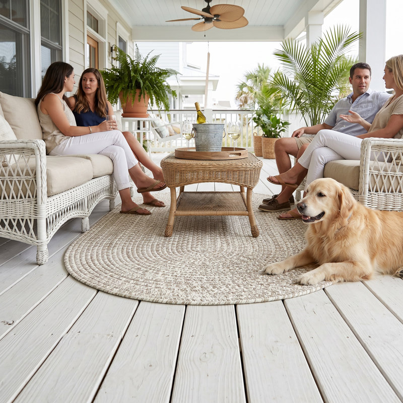 Tapis d'extérieur uni tressé Nautical Tweed, Beige, Round 8'6"