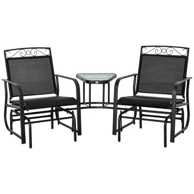 Outsunny Outdoor Glider Chairs With Coffee Table, Patio 2-Seat Rocking Chair Swing With Breathable Sling For Backyard, Garden And Porch, Black