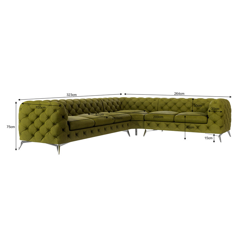 Chesterfield Corner Sofa L-Shape Bixby with Silver Metal Legs, Olive, Left Hand Facing