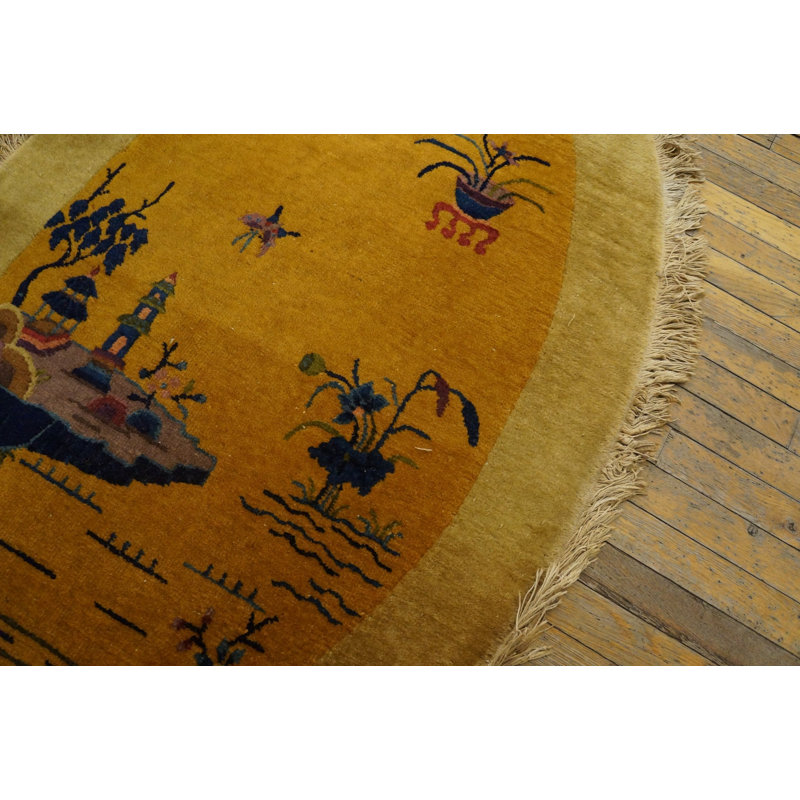 Pair of Antique Chinese Art Deco Yellow Scenic Oval Rugs