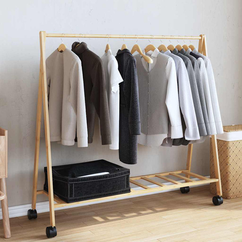Portable Bamboo Clothes Rack with Shelves and Wheels