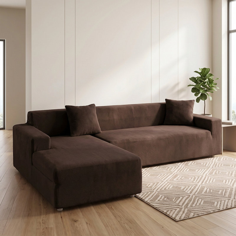 Housse de canapé en L épais en velours - Housse de canapé modulaire avec 2 housses de coussin décoratif, Café