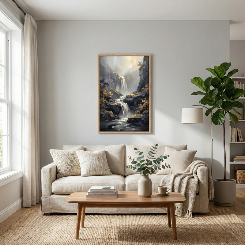Ensemble de 1 tableau sur toile représentant une cascade de montagne, H 48 po x l 36 po, Naturel
