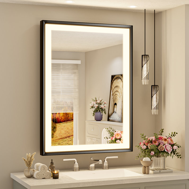 Led Bathroom Mirror, Metal Framed Lighted Vanity Mirror, Wall Mounted Bathroom Mirror With Lights, Natural Light, Anti Fog, Dimmable