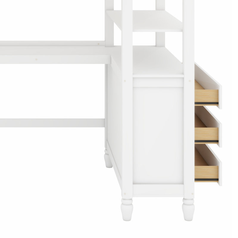 Sturdy Wood Loft Bed with Desk, Drawers and Display Shelves, White
