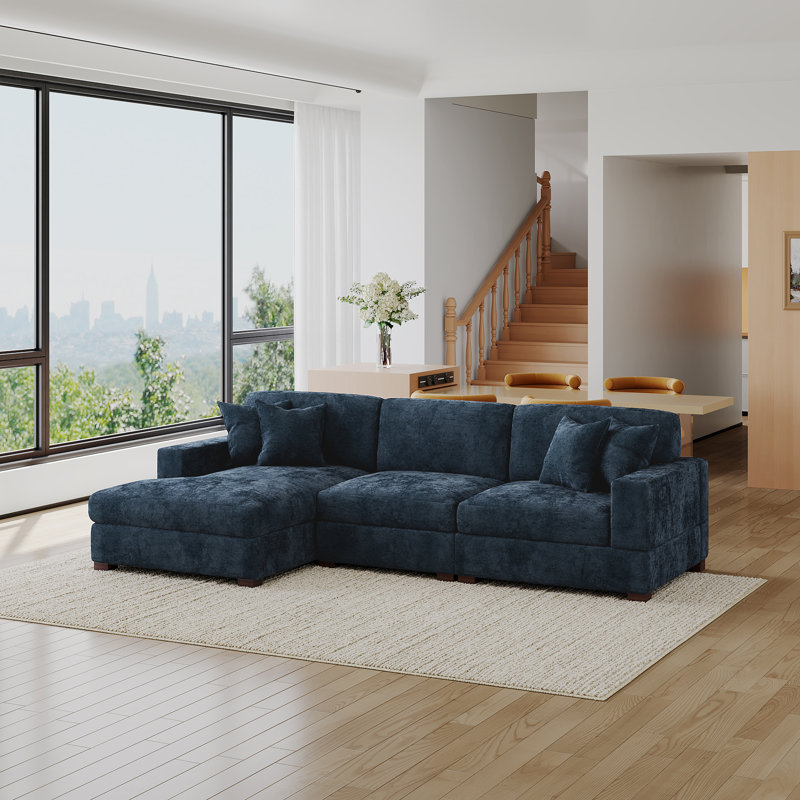 3 - Piece Upholstered Blue Chenille Modular Sectional Sofa with Armrests & Throw Pillows, Left Hand Facing, Blue Chenille