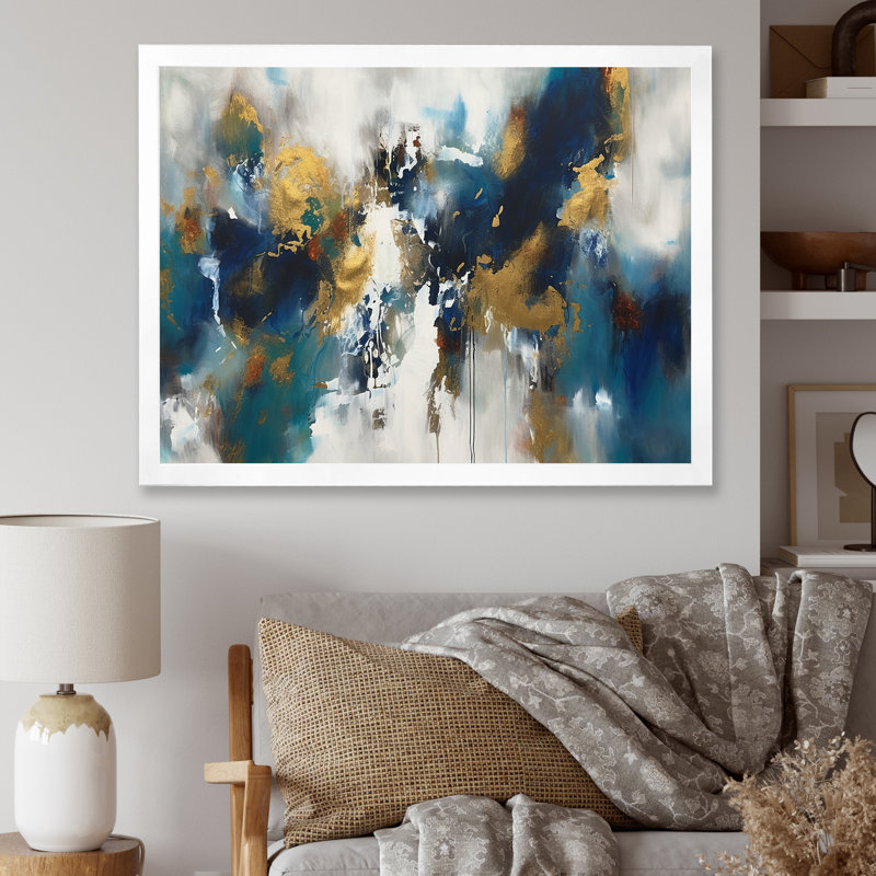 «Feeling Spirit» abstrait en bleu Nova et or I - peinture murale abstraite, H 30 po x l 40 po x P 1,5 po, Cadre photo blanc