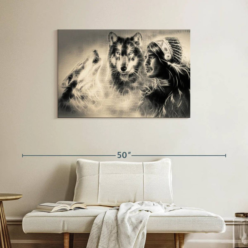 Leisha Native American Wolf Warrior, 26" H x 39" W