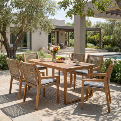 Decia Outdoor 7-Piece Acacia Wood Dining Set With Rope Back Chairs & Curved Leg Table