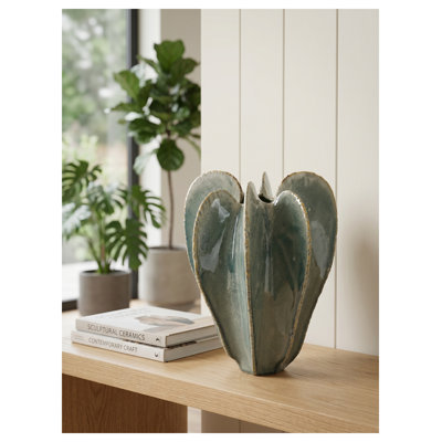 Sage Green Ribbed Ceramic Cactus Vase - 15.7" H Sculptural Saguaro Flower Urn for Home Decor