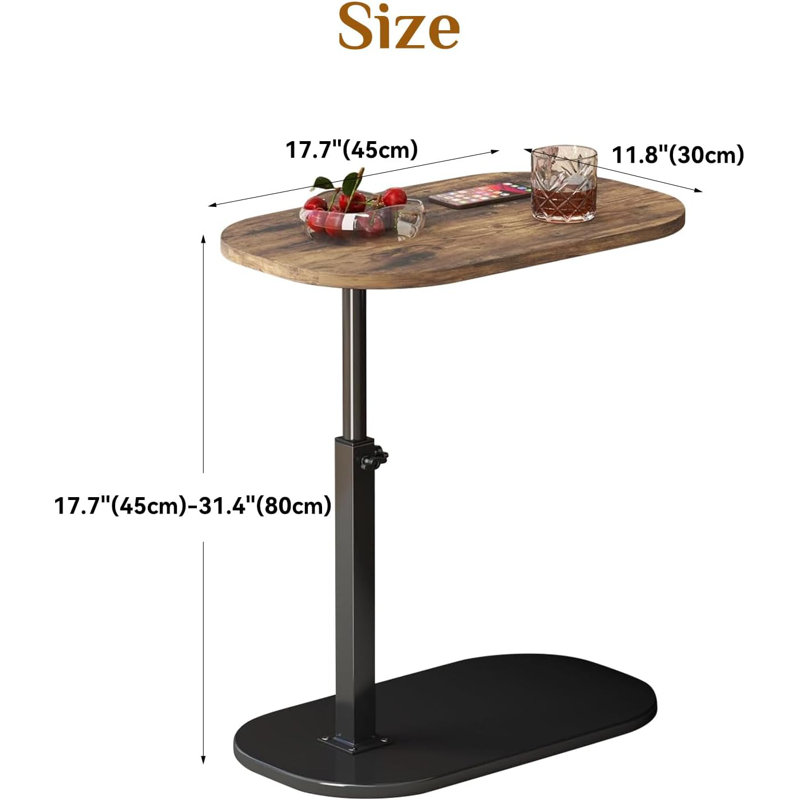 Adjustable Walnut and Black Metal C-Shaped Side Table