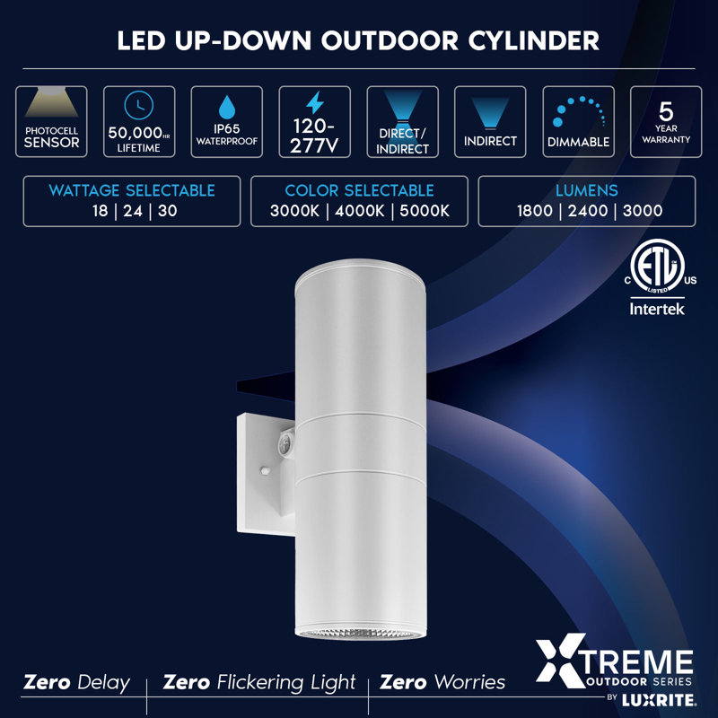 Dusk To Dawn LED Outdoor Wall Light 12" Up Or Up And Down Light 3000K-5000K Waterproof Cylinder Wall Sconce 18/24/30W Dimmable IP65 ETL 2 Pack