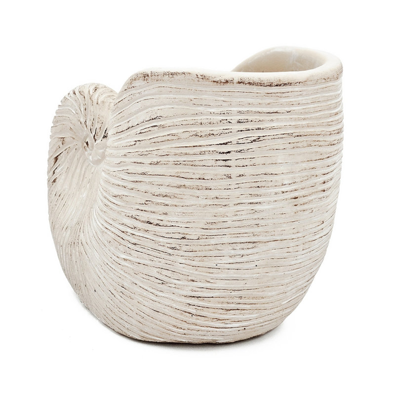 8.5X5.5X6.3" Sand And Cement Nautilus Shell Planter With Textured Beige Finish, 6.34" H x 8.54" W x 5.54" D