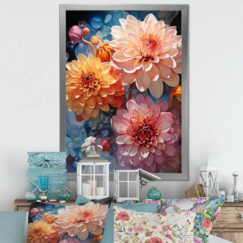 Zinnias rose, orange transparent, beauté I - Zinnias, impressions sur toile, Cadre simple argenté, H 20 po x l 12 po