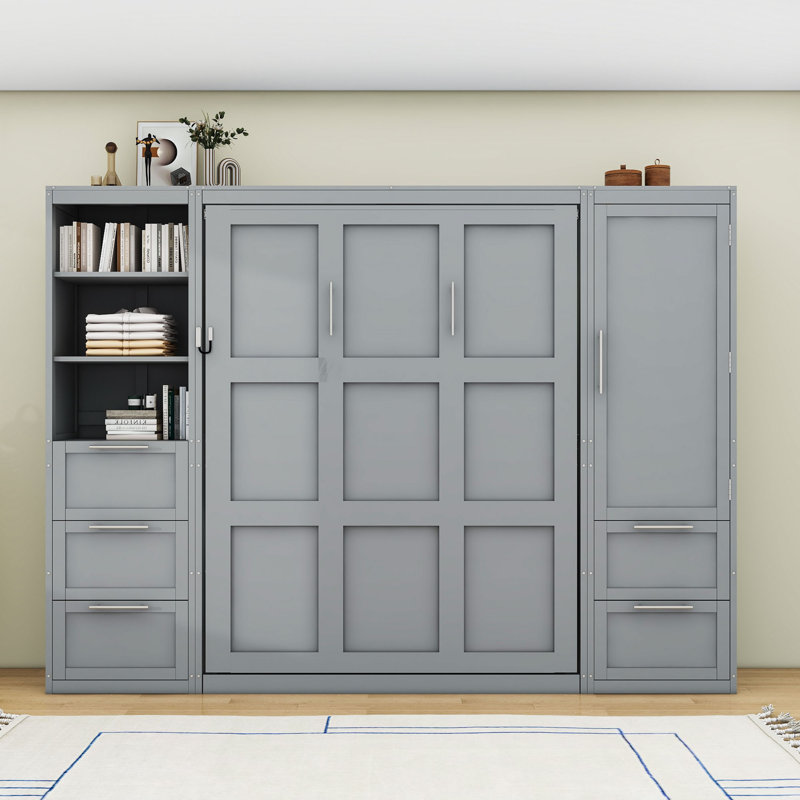 Grand lit escamotable avec rangement intégré et configuration personnalisable, gris