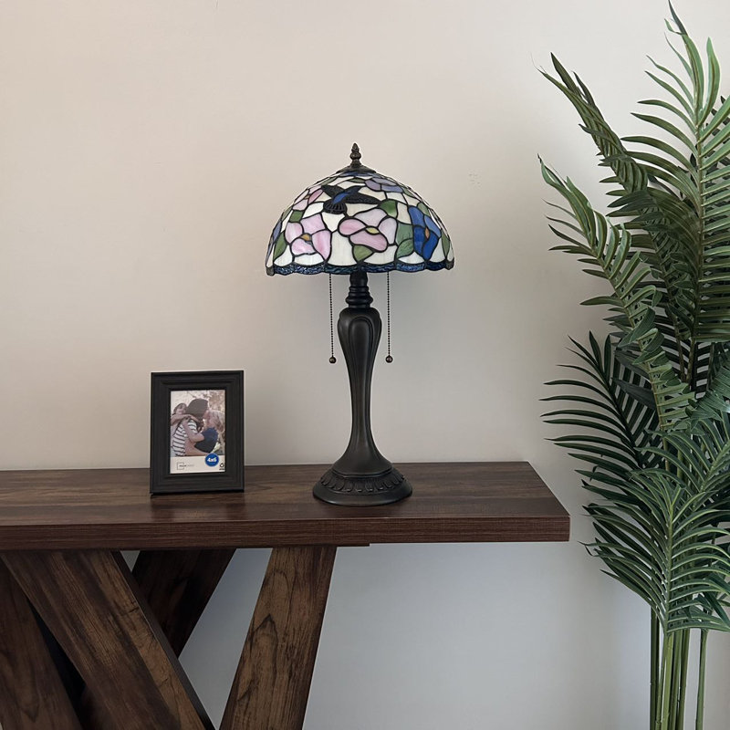 Spitzer Tiffany Table Lamp Hummingbird Flowers Pink Blue Stained Glass Included LED Bulbs H22"