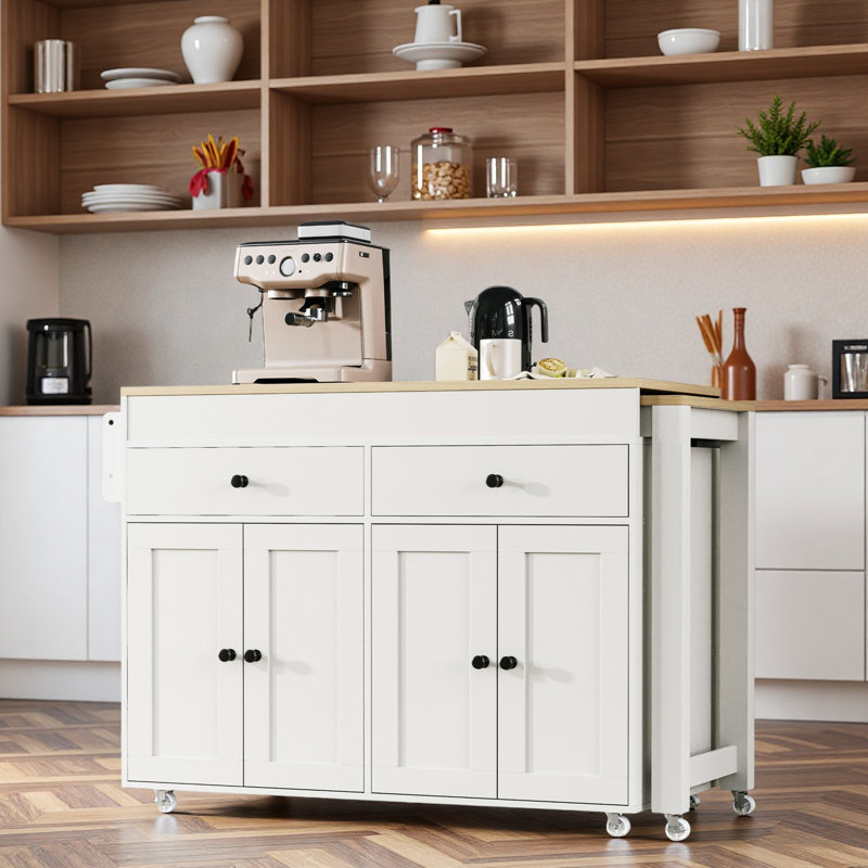 Îlot de cuisine roulant avec table de salle à manger extensible, étagère à épices, 2 tiroirs, armoire à 4 portes et roulettes