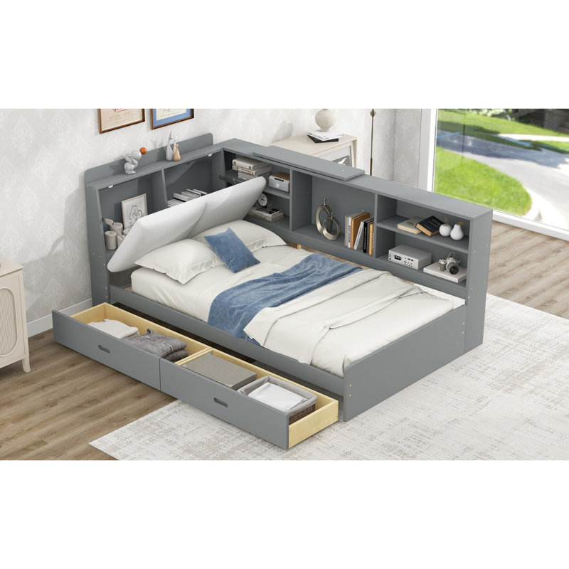 Lit plateforme simple moderne avec rangement pour tête de lit, tablettes, 2 tiroirs, tiroirs gris innovants pour l'organisation