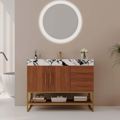 Meuble-lavabo autoportant moderne avec lavabo en céramique sans soudure et plateau en pierre frittée