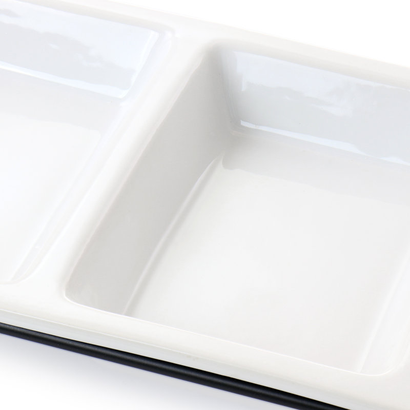 Modern White Porcelain 3-Section Rectangular Serving Tray with Metal Rack