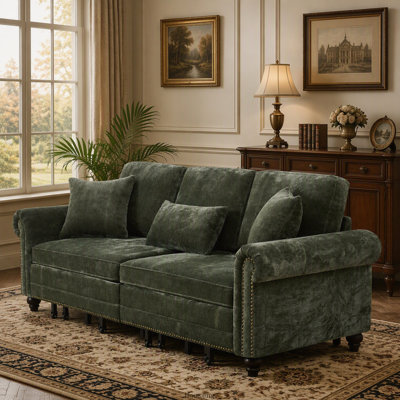 Canapé-lit gigogne 3 en 1 de 218 cm (86 pouces) avec garniture cloutée et accoudoirs arrondis, chenille verte