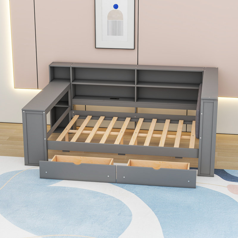 Daybed with LED, Storage Shelves, Drawers, Desk and Charging Station, Gray, Full/Double