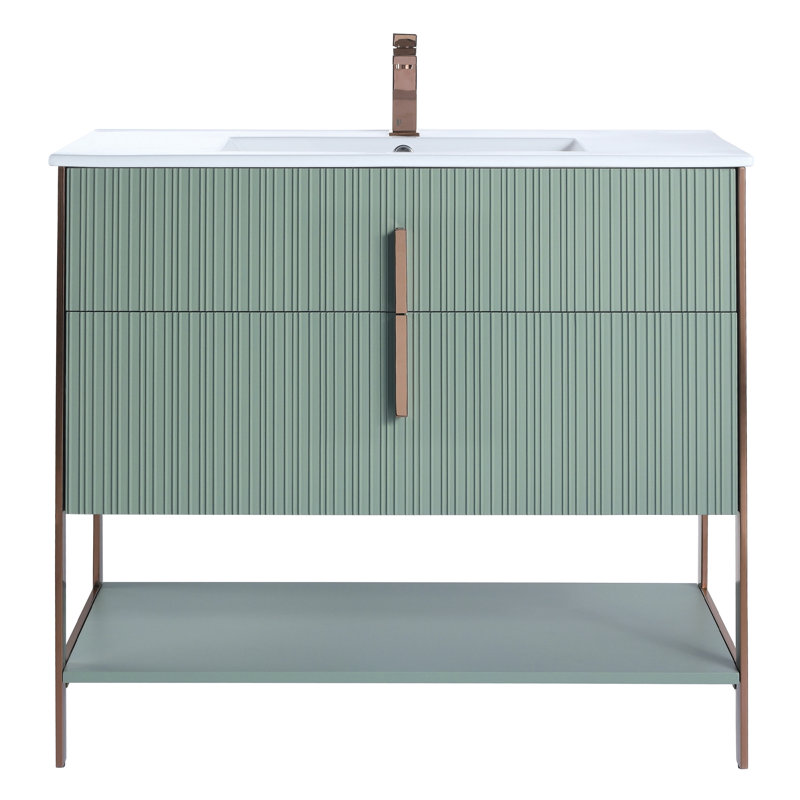  Serenity Modern Bathroom Vanity with White Ceramic Top, Rose Gold/Mint
