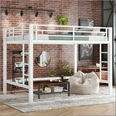 Metal Loft Bed, Loft Bed With Easy Climbing Ladder And Guardrails