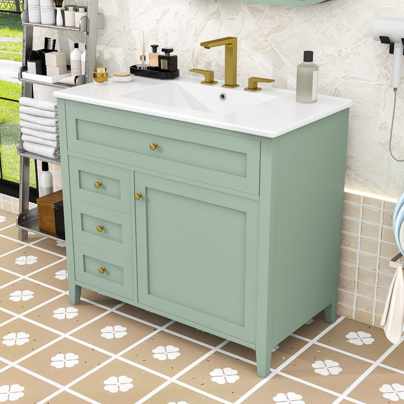 Meuble-lavabo autoportant élégant avec rangement spacieux, tablette réglable et lavabo en céramique, Vert
