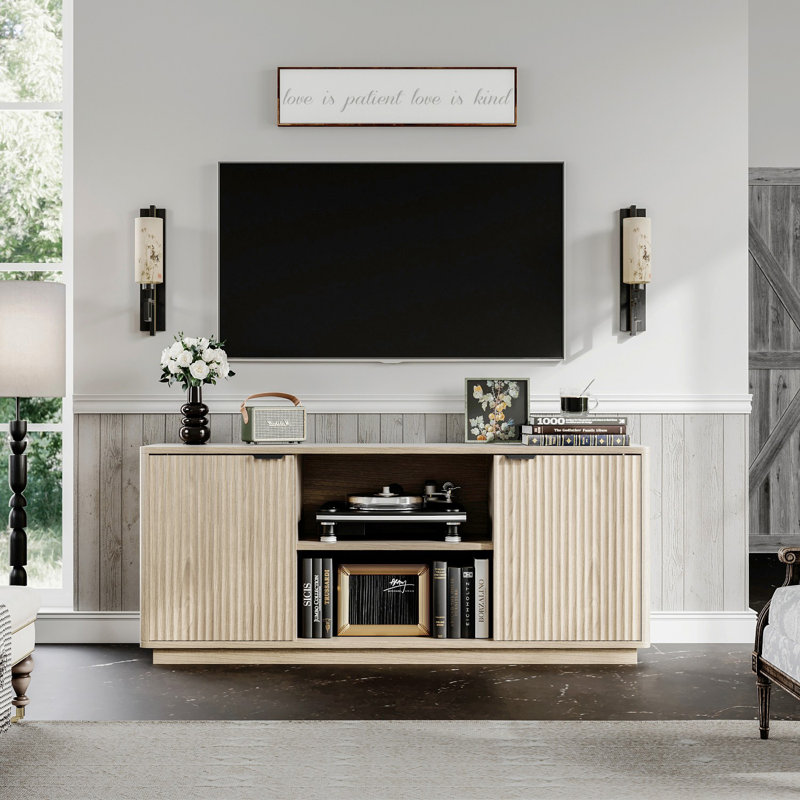 60'' Fluted TV Stand, Console Table, Modern Curved TV Stands with Water Wave Shaped Door, Beige