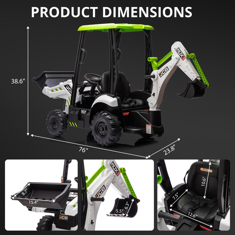 4 en 1 JCB Licensed 12V Kids Ride On Electric Car - Excavator, Bulldozer & Tractor - Télécommande, Siège réglable, Chargeur frontal, Fonction Digger, Avertisseur sonore, Pneus EVA durables - Blanc et vert