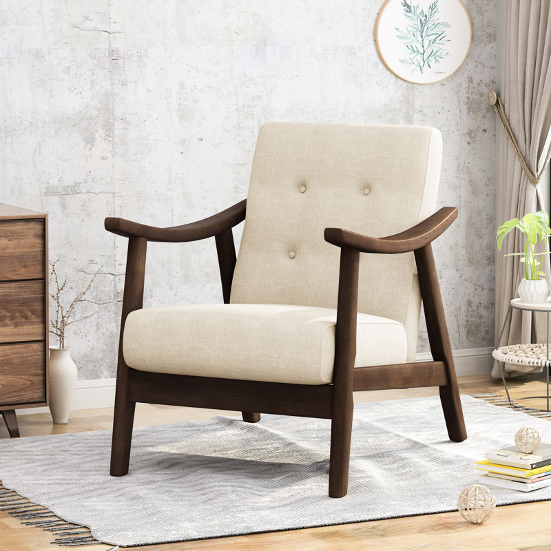 Chaise de style Mid-Century moderne avec revêtement beige et structure d'appoint brun