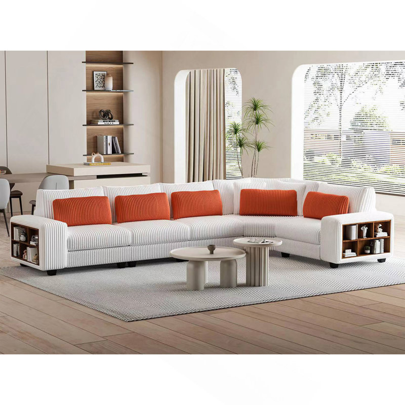 Canapé modulaire en L modulaire avec accoudoirs avec cadre en bois, élégant et confortable, style crème, beige