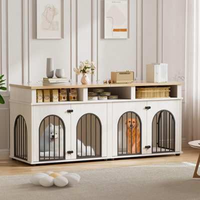 Meuble double pour chien avec cage pour chien de 71 po pour 2 chiens de taille moyenne, cage pour chien très robuste avec 3 tablettes de rangement, grandes caisses pour chiots avec 8 pieds réglables