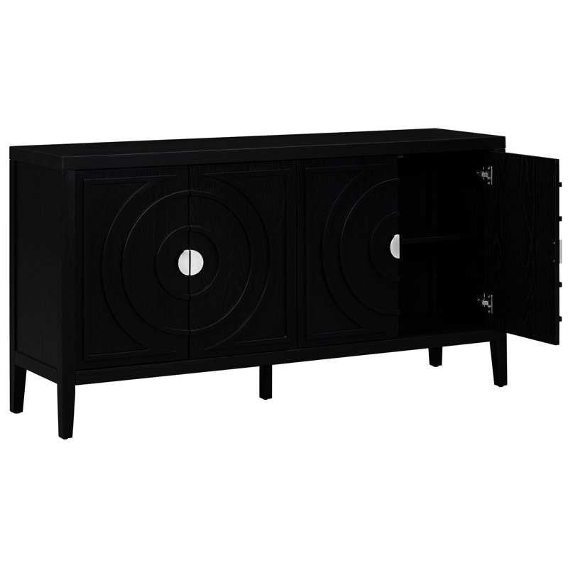 4-Door Black Retro Sideboard - Offers Versatile Storage Solutions For Your Household And Stylish Home Organization