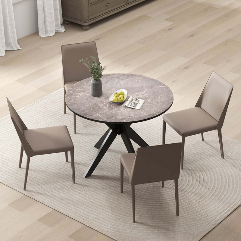 Anisty Round Faux Marble Top Solid Wood Base Dining Table, Black