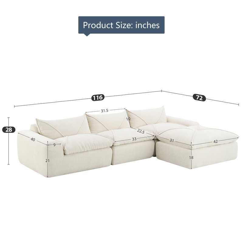 Modular Sectional Sofa Chenille Fully Compressed L-shaped Couch with 28" Deep Seats & Movable Ottoman, No Assembly Required