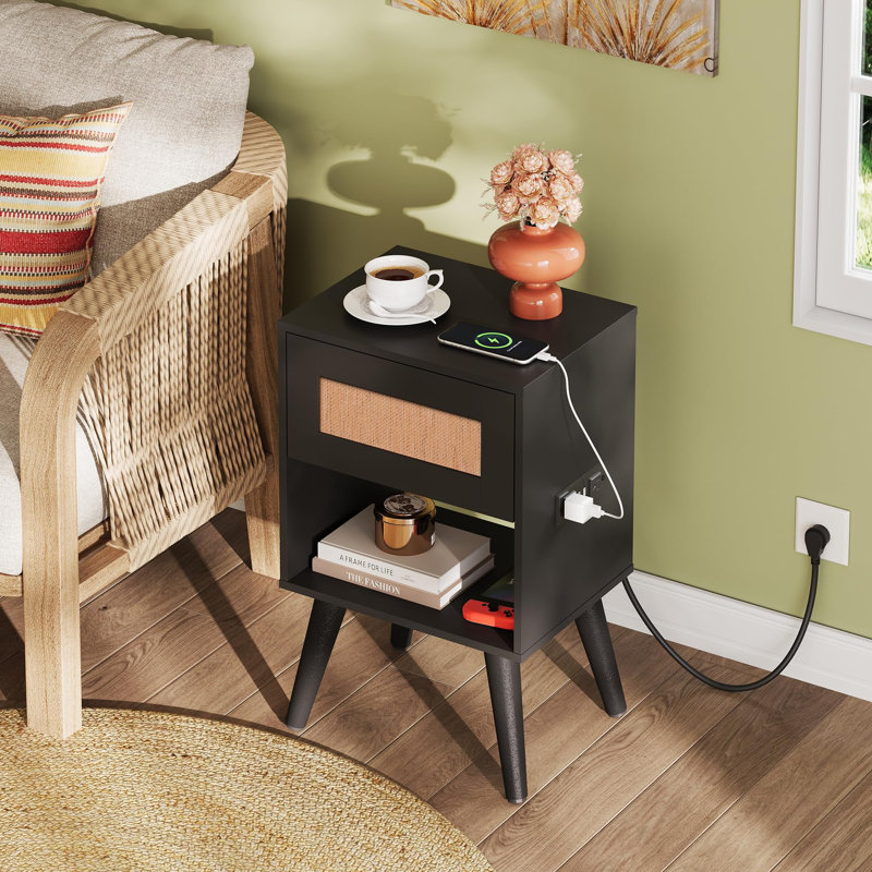 Table de chevet en rotin avec station de charge, table de chevet Boho, ..., Noir