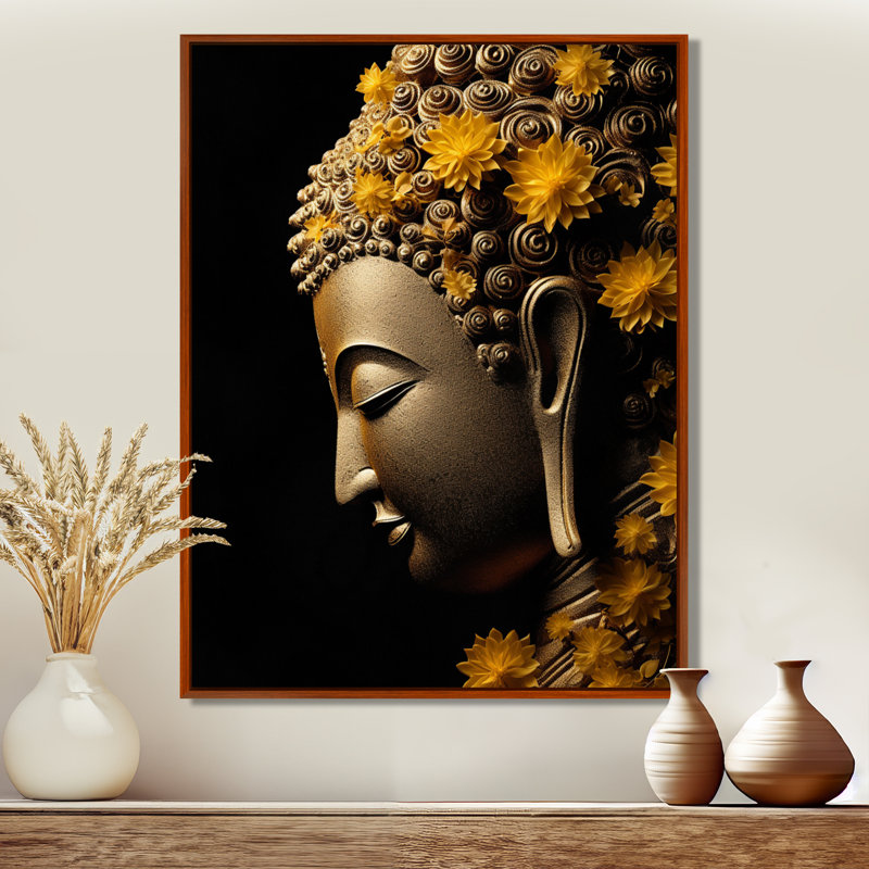 Tarel - Bouddha, art mural, salon, Toile avec cadre flottant brun, H 32 po x l 24 po x P 1 po