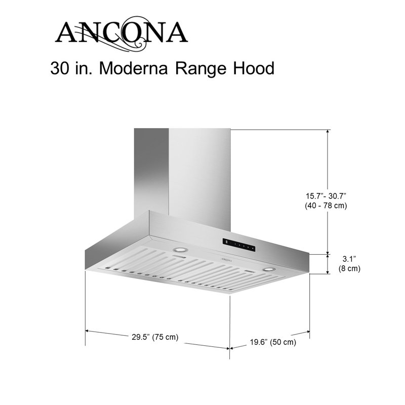 Ancona 30" Stainless Steel Convertible Wall Mount Range Hood with LED Night Light