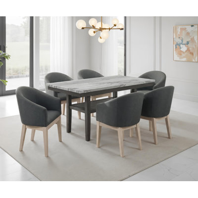 Selena 7-Piece Dining Set With 60" Rectangular Gray Faux Marble Top Table, Storage Shelf & 6 Gray Upholstered Barrel Chairs