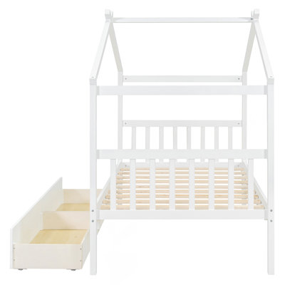 Lit simple en bois avec tiroirs, blanc