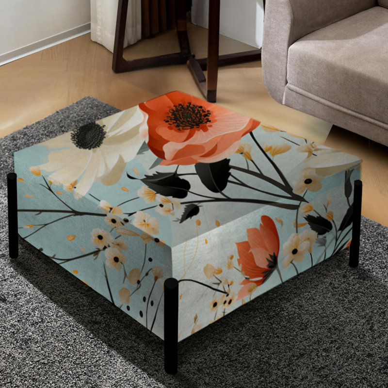 Motif de fleurs bleues, blanches et corail - grand carré floral