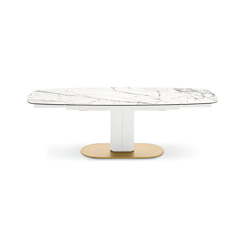 Cameo Elliptical Top Extendable Table, White Marble, Painted Brass, 39.38" W x 116.63" L