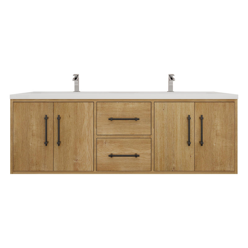 Meuble-lavabo mural 60 po avec double évier en acrylique renforcé Victoria, Chêne