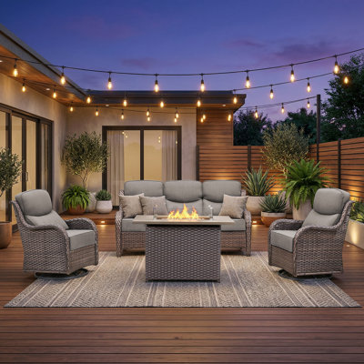 4 Pieces Patio Furniture Set, Outdoor Wicker Sofa Couch With Swivel Chairs 41" Fire Pit Table, All Weather High Back Modern Conversation Sets